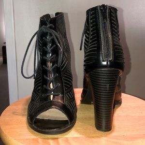 Black Leather Lasercut Booty Heels